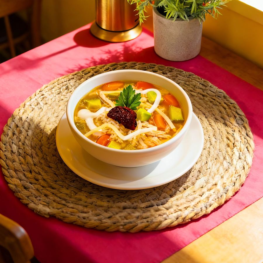 Caldo tlalpeño con aguacate y queso