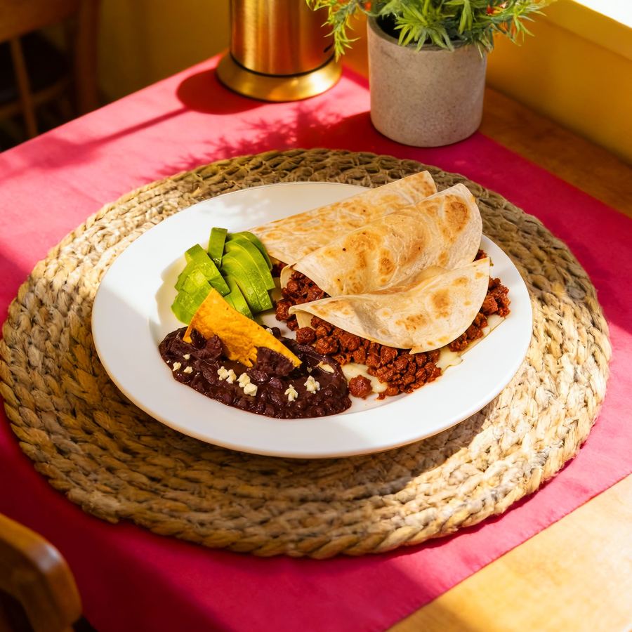 Quesadillas de longaniza con frijoles y guacamole